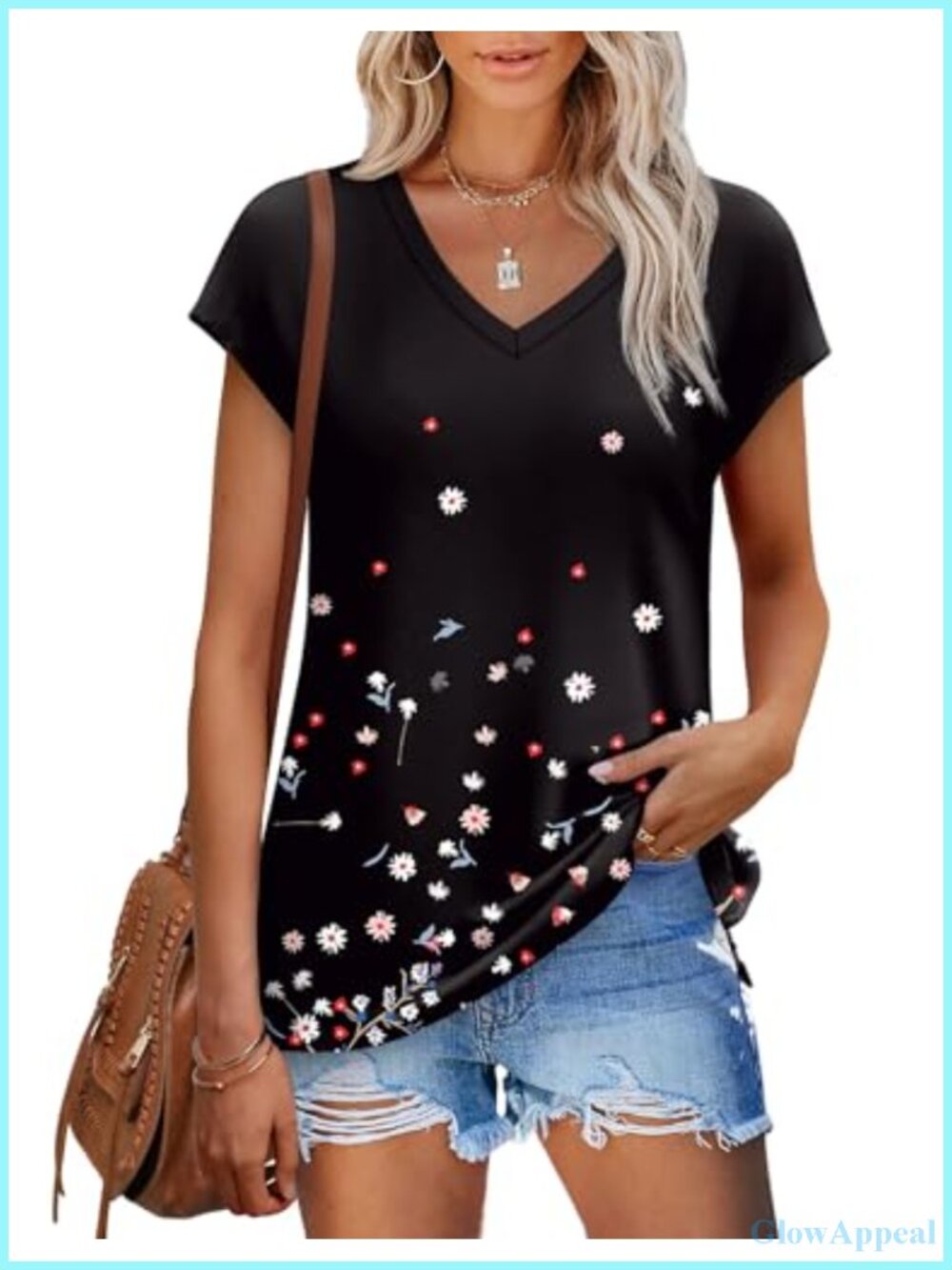 Womens V Neck Cap Sleeve Loose Fit Tee Shirt Eyelet Printed Summer Top